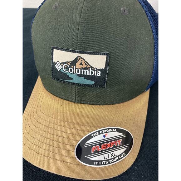 Columbia Flexfit Mesh Ball Cap L Unisex Breathable Multicolor Everest Green Tan - Picture 7 of 12